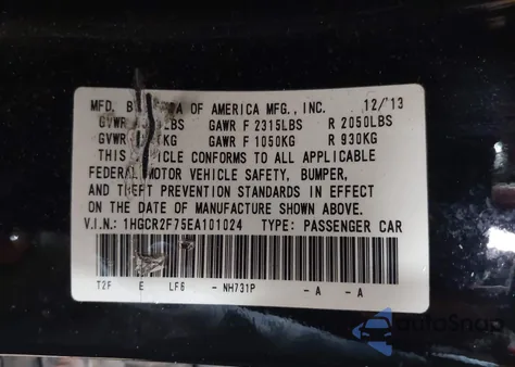 2014 Honda Accord Ex z USA, uszkodzony, nr VIN 1HGCR2F75EA101024